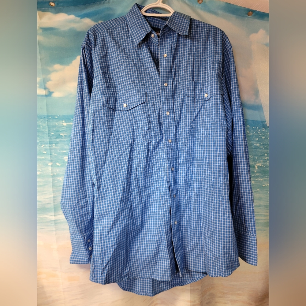 Wrangler Pearl Snap Blue Checkered‎ Men's Shirt Size Large Tall